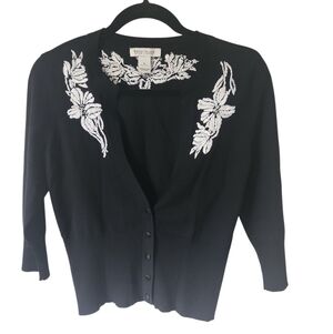 WHBM Women's Black Cardigan Sweater/White Floral Embroidery Size S
